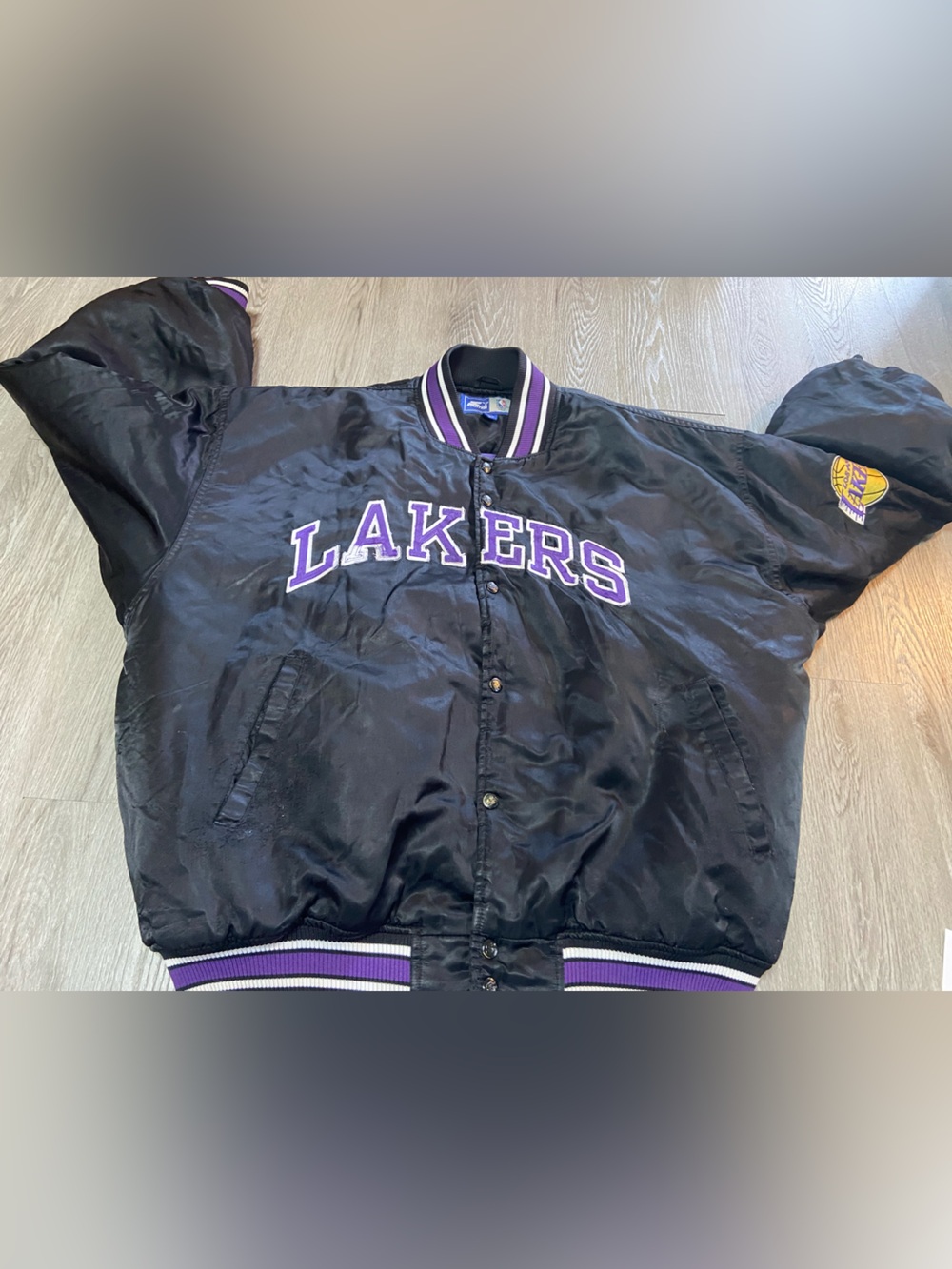 STARTER Black and Purple Los Angeles Lakers Satin Bomber Jacket